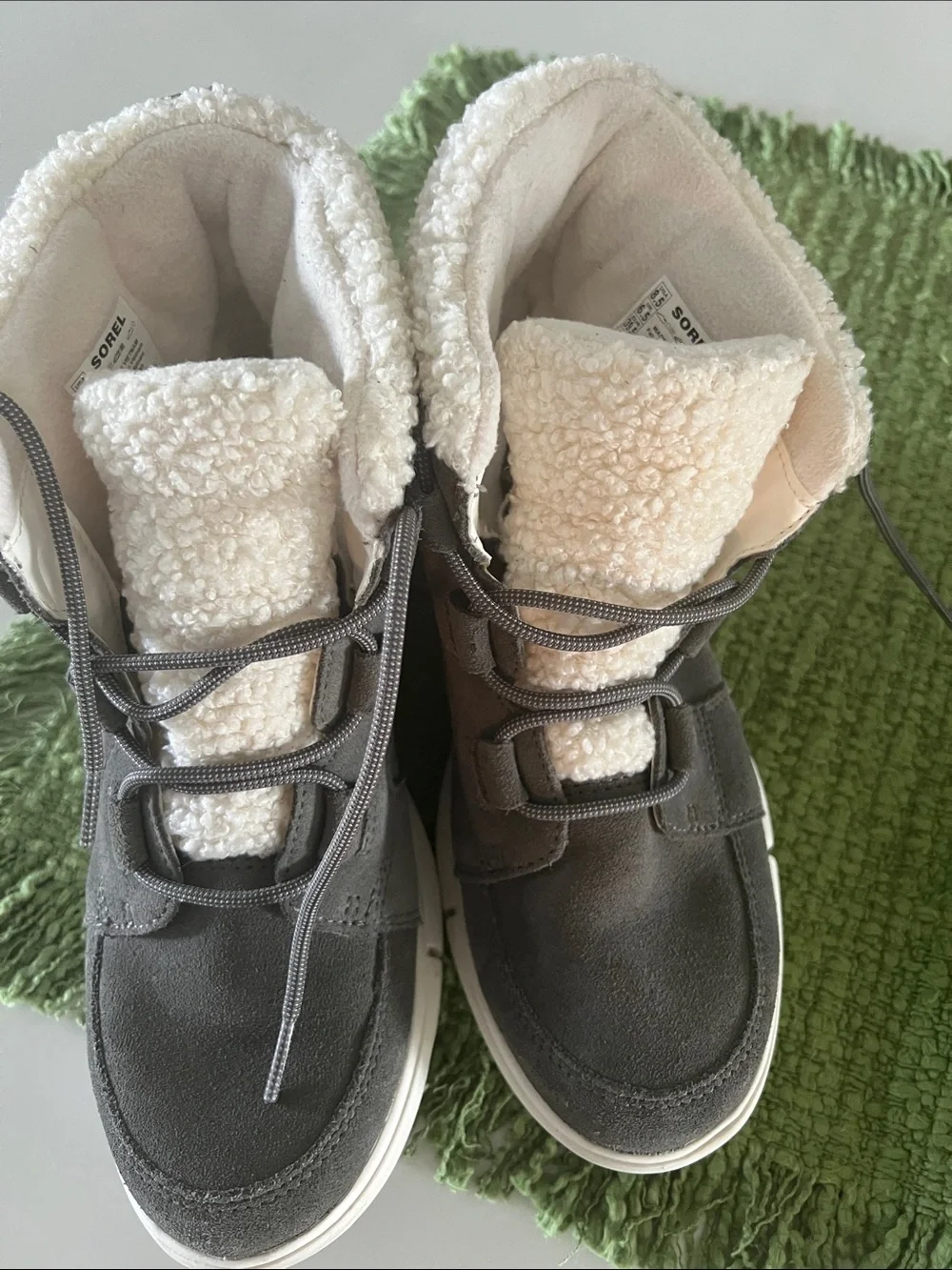 Sorel Gray Suede Winter Lace-Up Boots with Cream Sherpa Collar